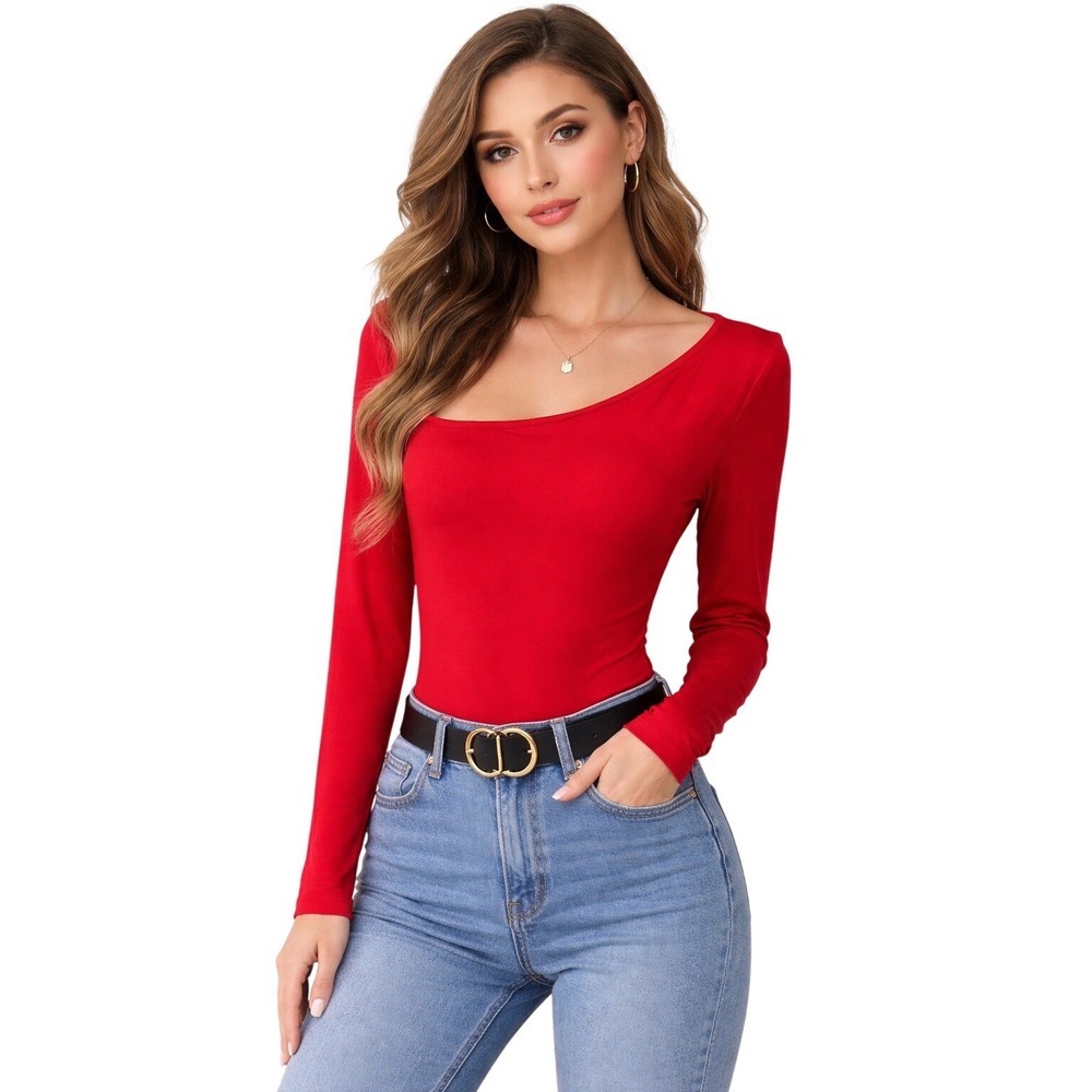 ORIA Red Asymmetrical Neck Long Sleeve Bodysuit Snap Closure Top